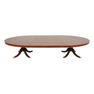 Baker Furniture Style English Georgian Mahogany Monumental Oval Double Pedestal Extension Dining Table, Newly Refinished For Sale