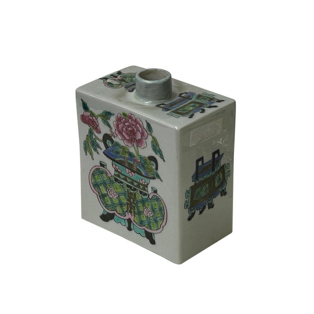 1980s Chinese Flower Ding Vase Graphic Rectangular Porcelain Tea Caddy Jar For Sale - Image 5 of 10