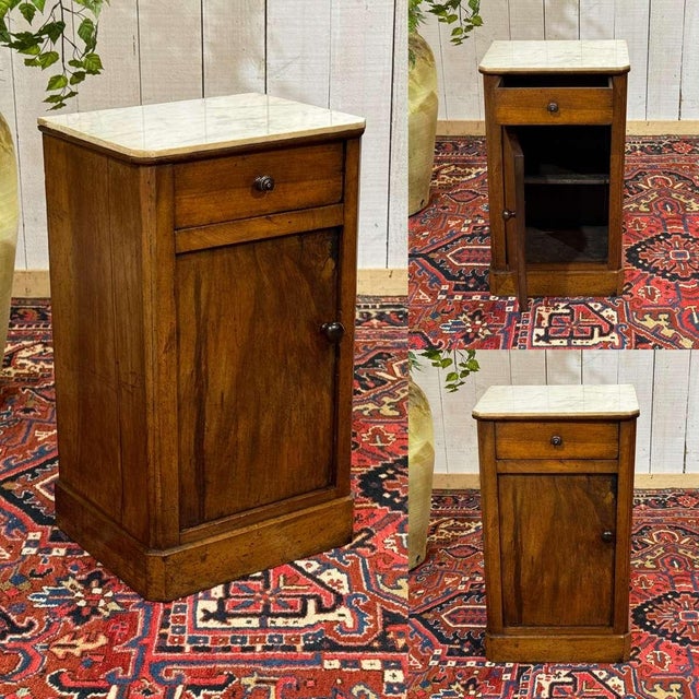 Walnut bedside table with white marble top, 19th century - W=39cm, D=32cm, H=68cm.