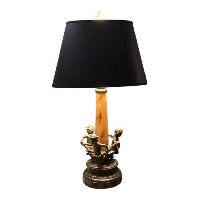 Late 20th Century Sarreid Ltd. Cherub Bronze Table Lamp With Parchment Shade For Sale