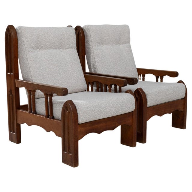 1970s French Brutalist Upholstered Armchairs with Carved Details - A Pair For Sale - Image 15 of 18