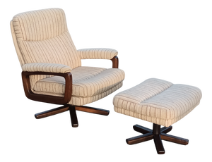 Set of Mid-Century Swivel Armchair and Ottoman in Tweed and Wood, 1970