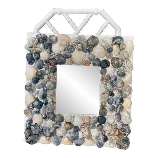 Stunning Blue Square Seashell Mirror, 16" X 16" For Sale