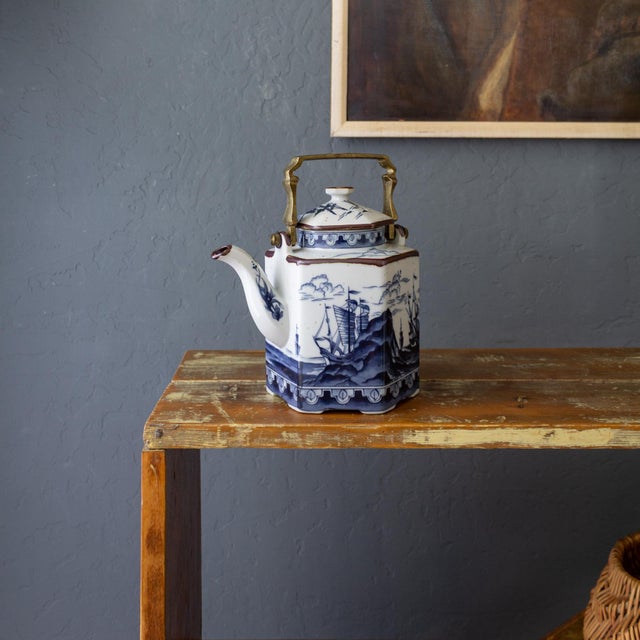 1960s 1960s Chinoiserie Nautical Maritime Earthenware Teapot With Blue Nautical Ships For Sale - Image 5 of 16