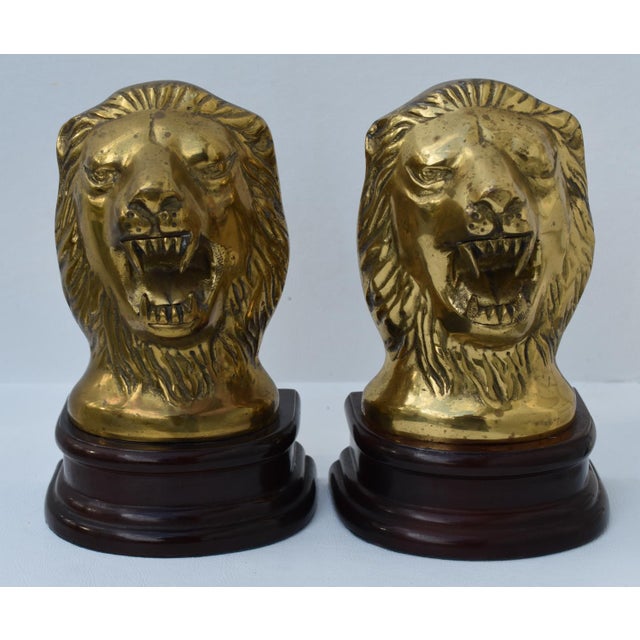 Vtg. Pair of Brass Lion Head Traditional Style Bookends W/Wood Base For Sale - Image 10 of 12