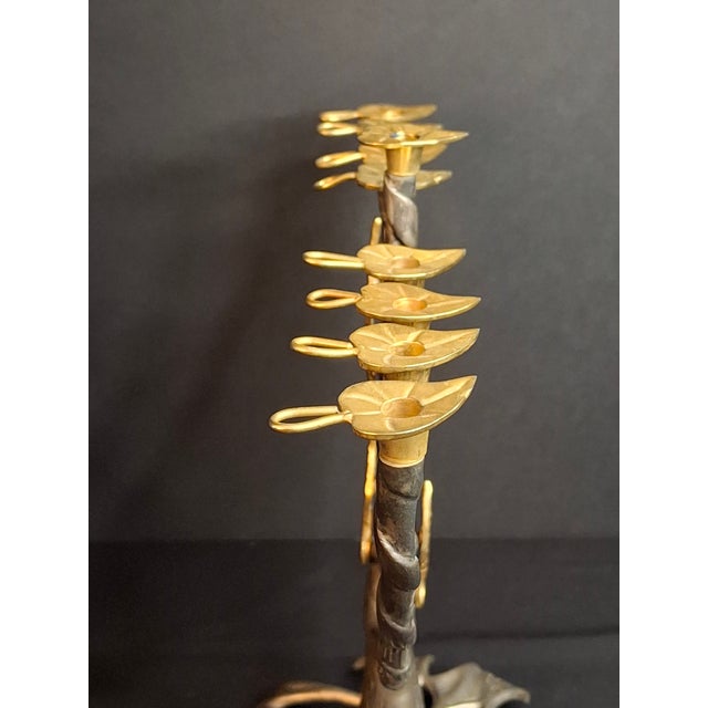Metal VTG Fred Spinowitz Tree of Life Menorah Signed Judaica Silver Tone Brass Leaves For Sale - Image 7 of 18