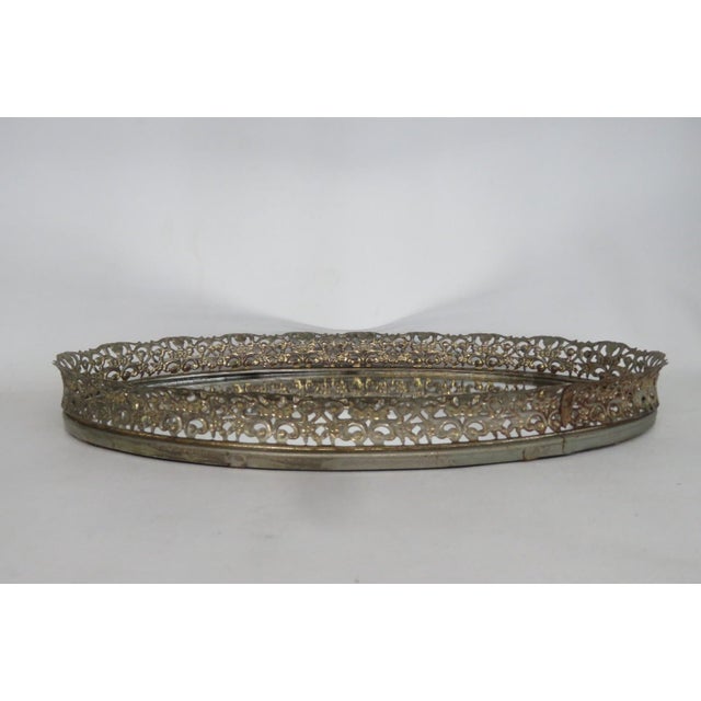 Oval Vanity Mirror Tray Filigree Gilded Raised Metal Frame Dresser Display 4524b For Sale - Image 12 of 14