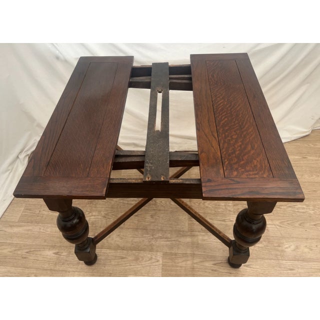 Early 20th Century English Tudor Expansion Table Turned Baluster Legs Quarter Sawn Oak, X-Stretcher For Sale - Image 15 of 16