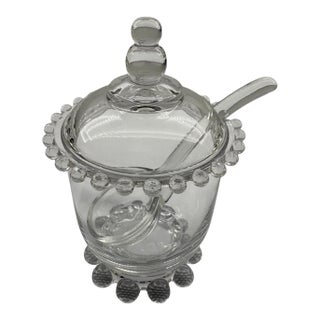 Mid 20th Century Imperial Glass Candlewick Condiment Jar With Spoon For Sale