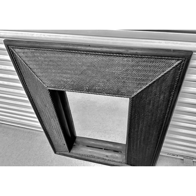 Nautical Vintage Italian Black Ebonized Woven Rattan Rectangular Sculptured Shelf Mirror For Sale - Image 3 of 4