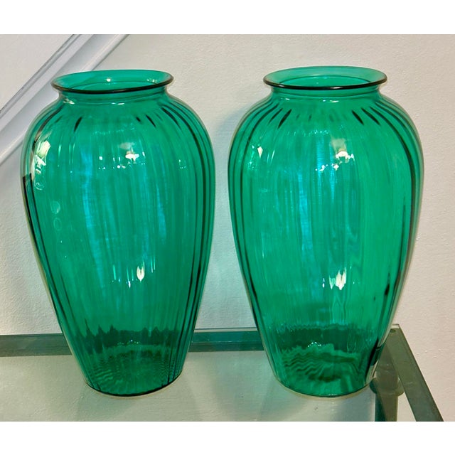 Vintage Anchor Hocking Teal Green Glass Vases - A Pair For Sale - Image 10 of 10