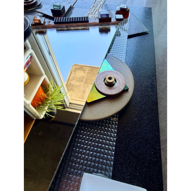 Postmodern Mixed Media Studio Glass Mirror Asymmetrical Memphis Style Geometric Brutalist Wall Sculpture For Sale - Image 12 of 18