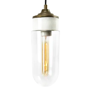 Vintage Industrial Brass, White Porcelain, and Clear Glass Ceiling Lamp, 1950s