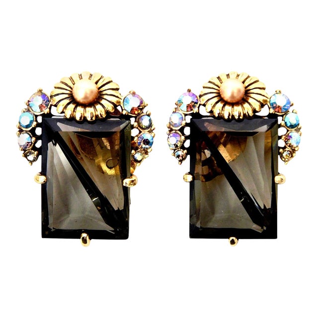 Vintage Elsa Schiaparelli Faceted Topaz Crystal Glass Clip on Earrings, 1940's For Sale