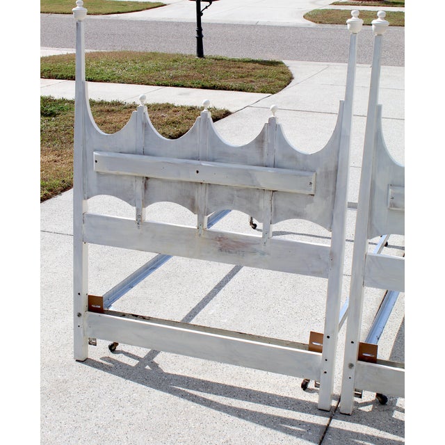 Pair of Vintage White Twin-Size Beds With Gothic Revival Style Headboards & Metal Frames For Sale - Image 12 of 17