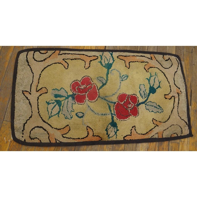American Considerable Yellow Mustard Color With Lovely Florid Design Antique American Hooked Rug For Sale - Image 3 of 9