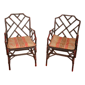 Early 20th Century Pair of Chippendale Chinoiserie Faux Bamboo Chairs