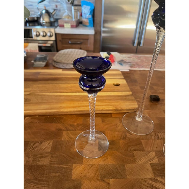 Romanian Cobalt Blue Glass Candleholders: Handcrafted Crystal Set For Sale - Image 9 of 9