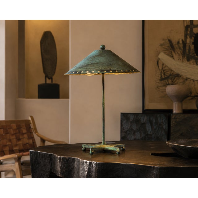Mid-Century Modern Vintage Verdigris Copper Alloy Brutalist Star Table Lamp For Sale - Image 3 of 14