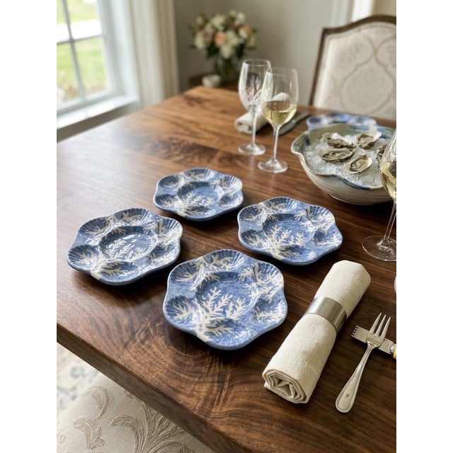 2000 - 2009 Italian Les Ottomans Hand-Painted Blue Coral Oyster Plates - Set of 4 For Sale - Image 5 of 7