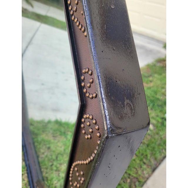 Wood Massive Studded Vintage Octagonal Dark Wood Faux Leather Wall Mirror For Sale - Image 7 of 11