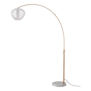 Float Arc Floor Lamp, Weathered Brass, White Satin Shade, Marble Base, 92" Height For Sale