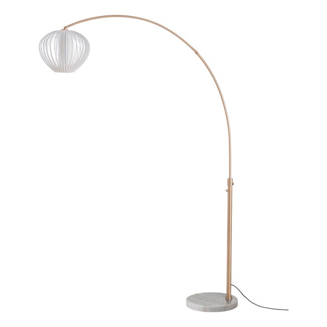 Float Arc Floor Lamp, Weathered Brass, White Satin Shade, Marble Base, 92" Height For Sale