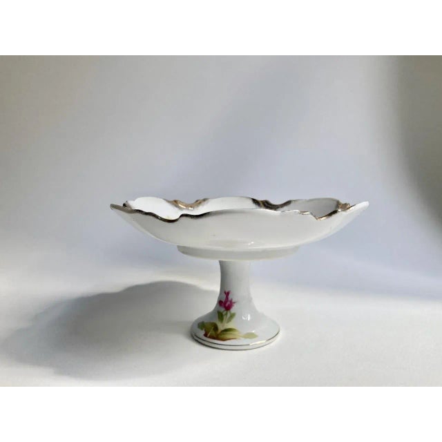 Mid Century Shafford Japan "Kashmir Rose" Pedestal Dish. Candy. Nuts. Olives. Fruit. Jewelry. Featuring a scalloped White...