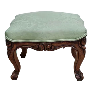 Victorian Hand Carved Walnut and Upholstered Foot Stool
