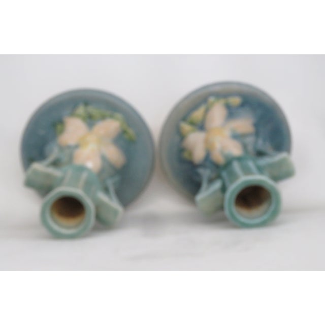 Roseville Pottery Clematis Ceil Blue Candlestick Holders 1159 a Pair 4687b For Sale - Image 11 of 15