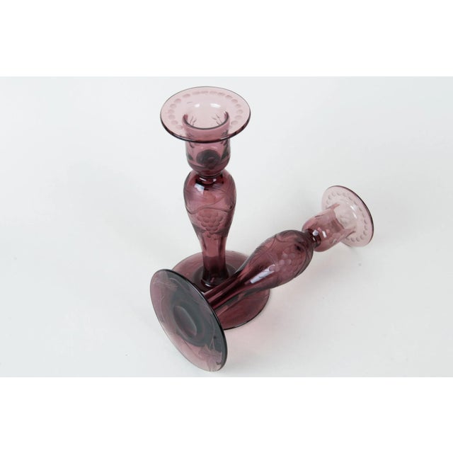 Glass Mid 20th Century Pairpoint Wheel-Cut Design Candle Holders- a Pair For Sale - Image 7 of 8