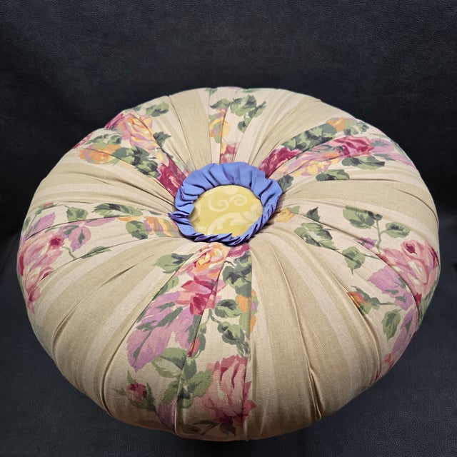 1990s Mackenzie Childs Rose Floral Upholstered Footstool or Ottoman, Ceramic Feet For Sale - Image 10 of 14