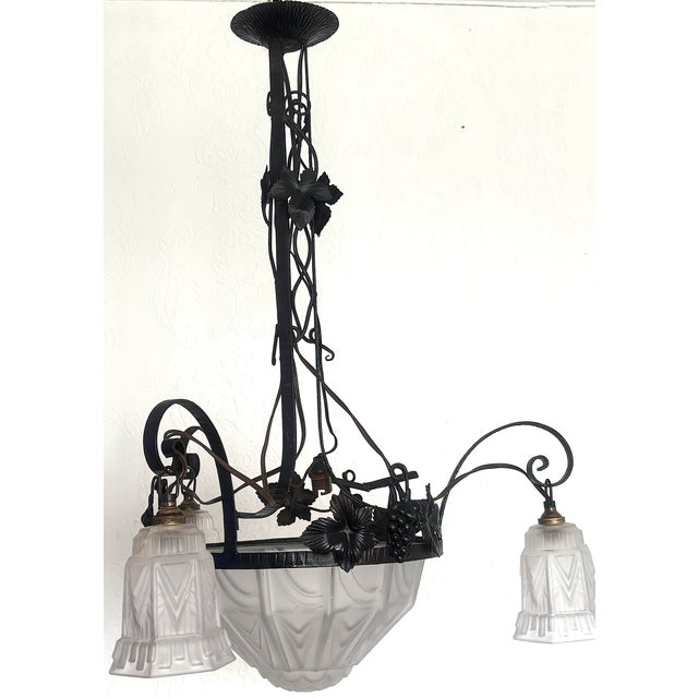 Metal Antique French Art Nouveau Wrought Iron and Glass 4-Light Chandelier, 1930s For Sale - Image 7 of 14