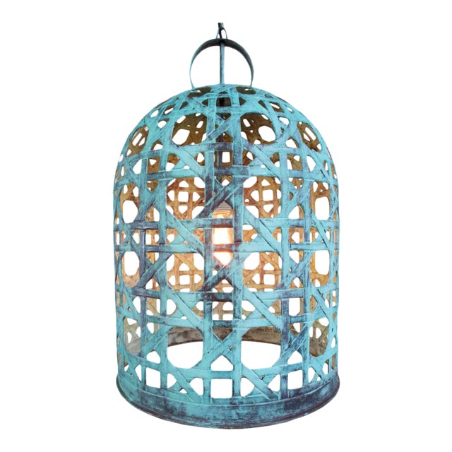 Industrial Verdigris Copper Cane Dome Pendant Light Medium For Sale
