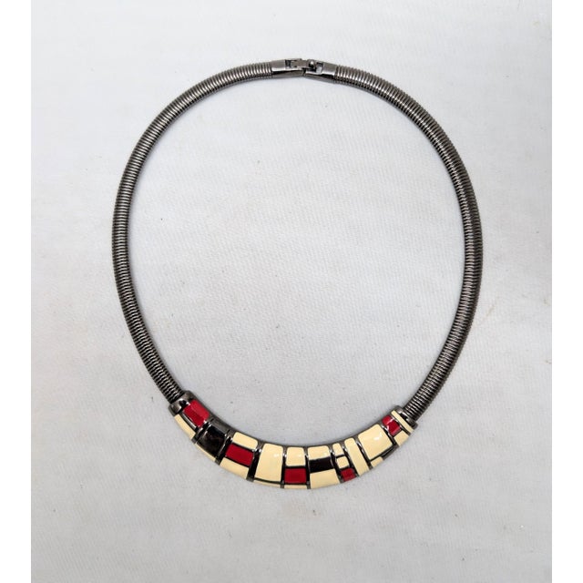 Vintage 1980s Signed Monet Gunmetal White, Red & Black Enamel Mondrian Inspired Collar Necklace For Sale - Image 10 of 10