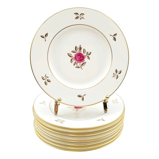 Vintage Lenox Bone China Bread Plates Gold Trim Rose Pattern Usa Mid-Century Tableware Set of 9 For Sale