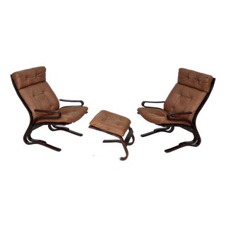 Vintage Norwegian Lounge Chairs with Ottoman by Else & Nordahl Solheim for Rybo Rykken & Co, 1970s, Set of 3 For Sale
