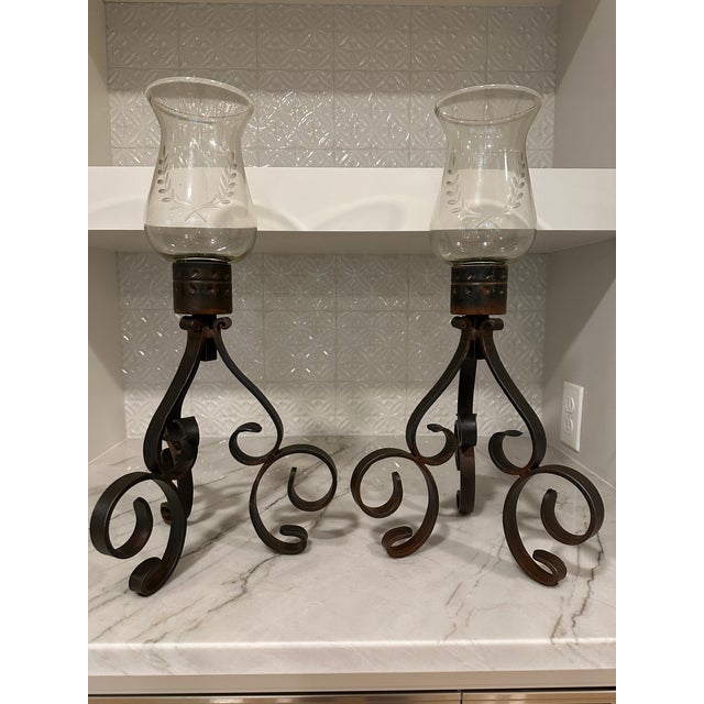 Pair of rare vintage Jan Barboglio scroll-style candle holders in unaltered condition. Glass has no chips or cracks, and...