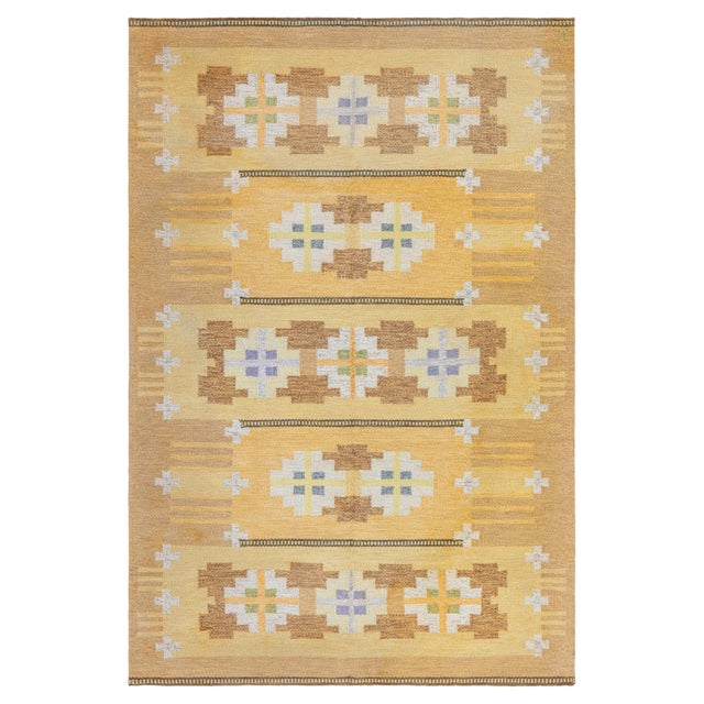Doris Leslie Blau Midcentury Swedish Yellow Flat-Weave Rug by Ingegerd Silow For Sale
