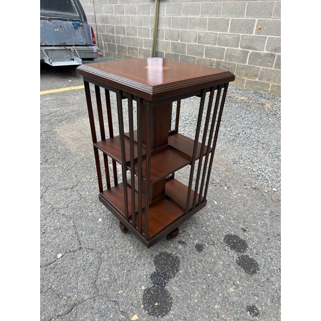 Early 20th Century Pair of Edwardian Style Revolving Mahogany Inlaid Bookcase Side Tables For Sale - Image 12 of 16