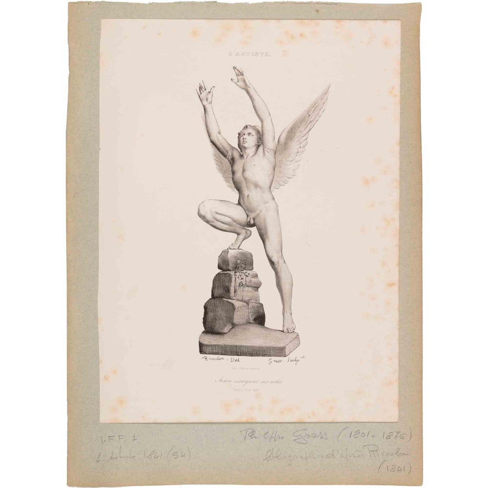 Philippe Grass, Angel Raising His Wings, 1800s, Lithograph, Framed ...