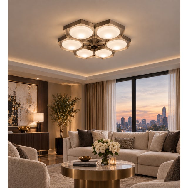 Metal 21st Century Hive Satin Nickel Glossy White Murano Flush Mount by Fabio LTD For Sale - Image 7 of 7