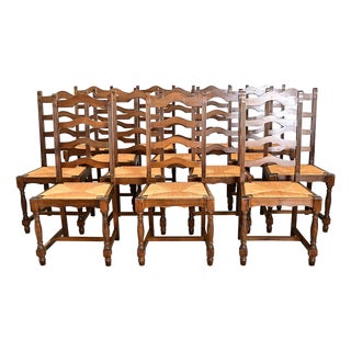 19th Century Set of 14 Ladder Back and Rush Seat Dining Chairs For Sale