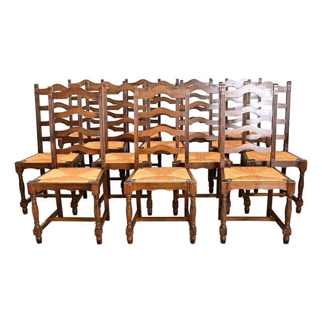 19th Century Set of 14 Ladder Back and Rush Seat Dining Chairs For Sale