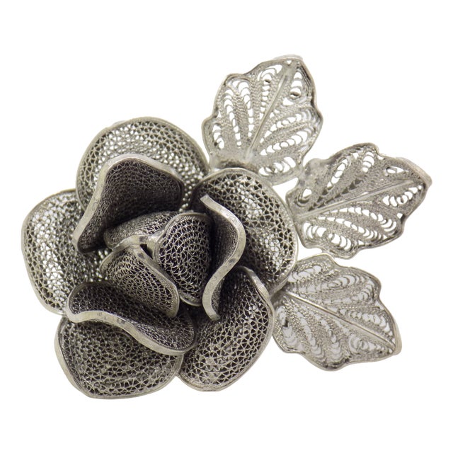 Vintage Italian Handmade Genuine Silver Filigree Rose Shaped Brooch, 1970s For Sale
