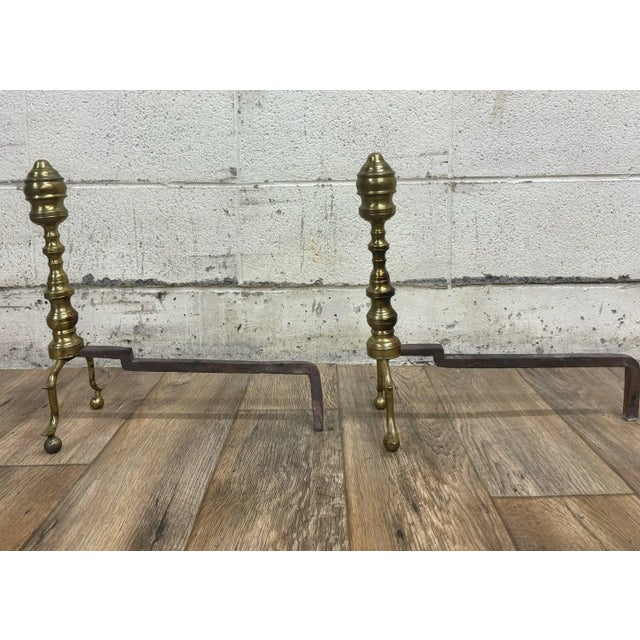 Vintage Queen Anne Style Brass and Iron Andirons With Ball Feet For Sale - Image 9 of 10