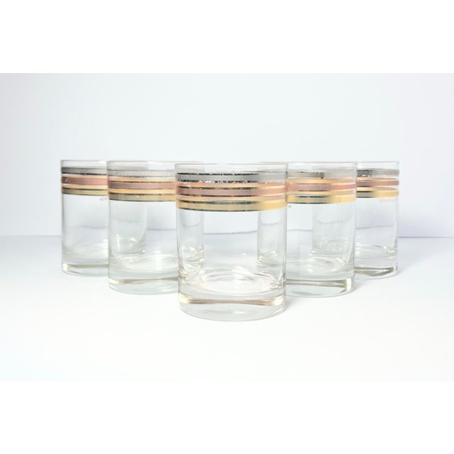 1960s MCM Culver 5 Gold Silver Copper Band Old Fashioned Tumbler Glasses 4” 14oz Good condition. No chips, cracks, or...