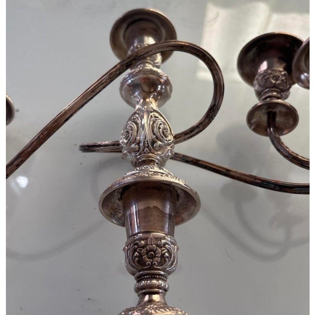 Vintage Heritage Rogers Bros Ornate Silverplate 3-Arm Candelabra Pair For Sale - Image 9 of 11