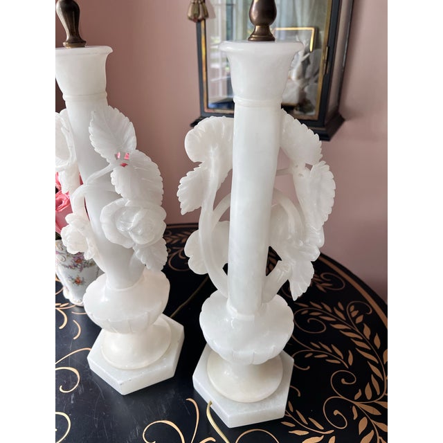 Stone Vintage White Carved Alabaster Lamps - a Pair For Sale - Image 7 of 12