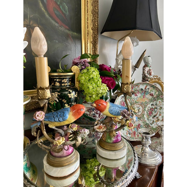 Chinoiserie Pair of Antique French Porcelain Bird Figural Lamps For Sale - Image 3 of 11